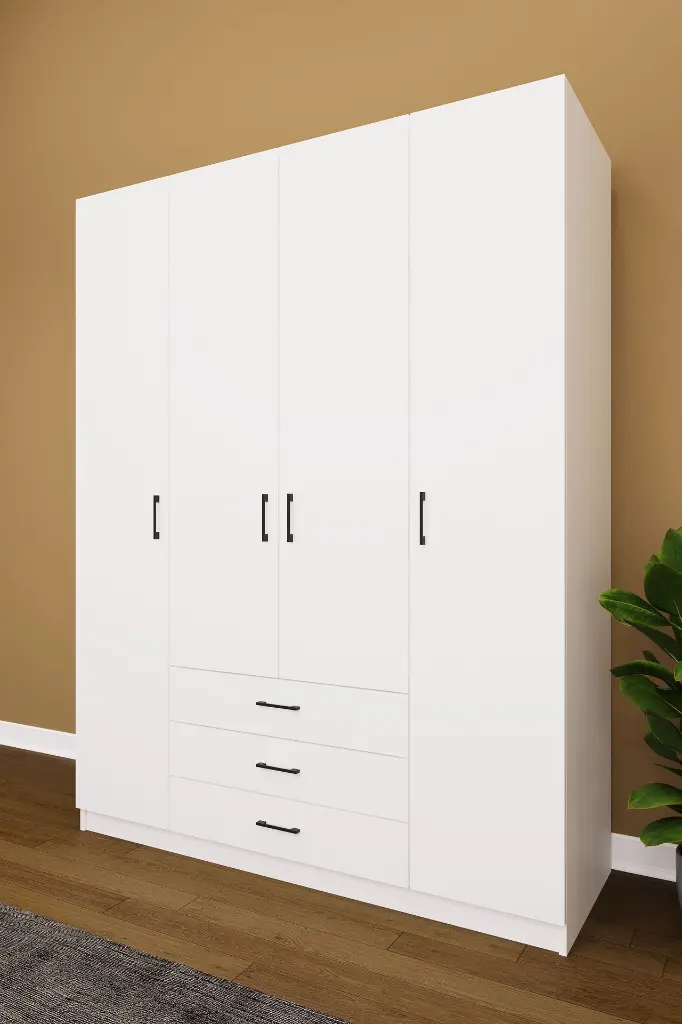 4 Kapaklı 3 Çekmeceli Gardırop 160x208 cm Çift Askılıklı MDFLAM Yatak Odası Gardırobu G-02 