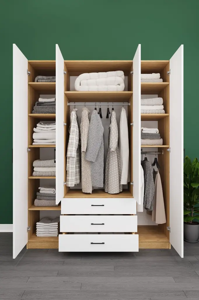 4 Kapaklı 3 Çekmeceli Gardırop 160x208 cm Çift Askılıklı MDF Yatak Odası Gardırobu G-02