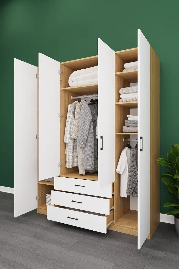4 Kapaklı 3 Çekmeceli Gardırop 160x208 cm Çift Askılıklı MDF Yatak Odası Gardırobu G-02