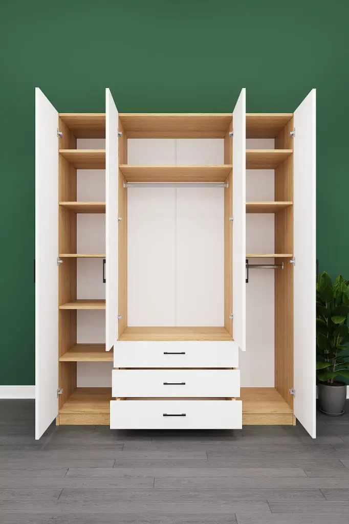 4 Kapaklı 3 Çekmeceli Gardırop 160x208 cm Çift Askılıklı MDF Yatak Odası Gardırobu G-02