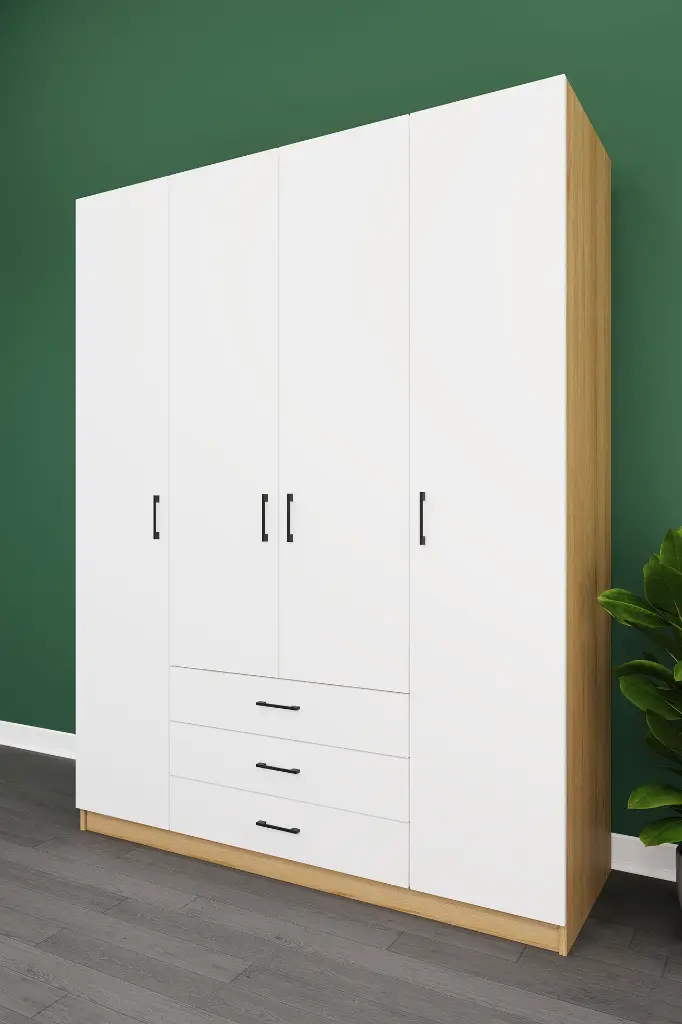 4 Kapaklı 3 Çekmeceli Gardırop 160x208 cm Çift Askılıklı MDF Yatak Odası Gardırobu G-02