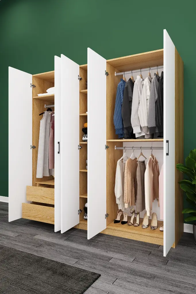 5 Kapaklı 2 Çekmeceli Aynalı Gardırop 200x208 cm MDF Yatak Odası Gardırobu G-04