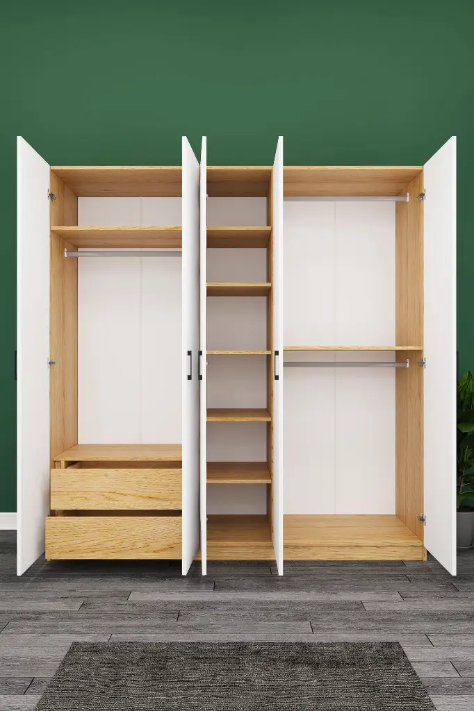 5 Kapaklı 2 Çekmeceli Aynalı Gardırop 200x208 cm MDF Yatak Odası Gardırobu G-04