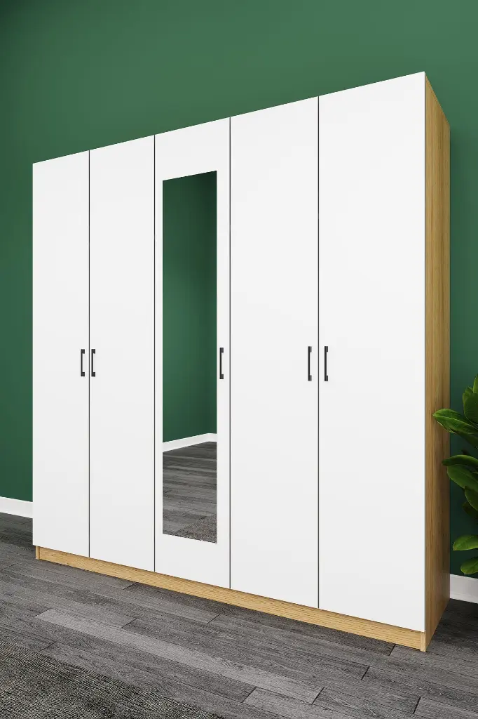 5 Kapaklı 2 Çekmeceli Aynalı Gardırop 200x208 cm MDF Yatak Odası Gardırobu G-04