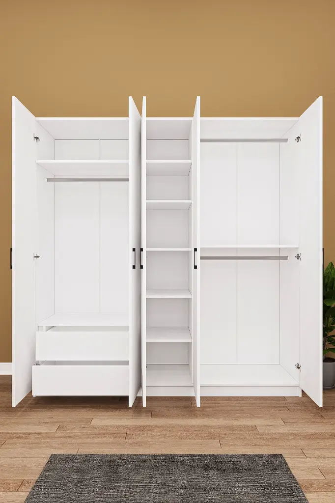 5 Kapaklı 2 Çekmeceli Aynalı Gardırop 200x208 cm MDFLAM Yatak Odası Gardırobu G-04