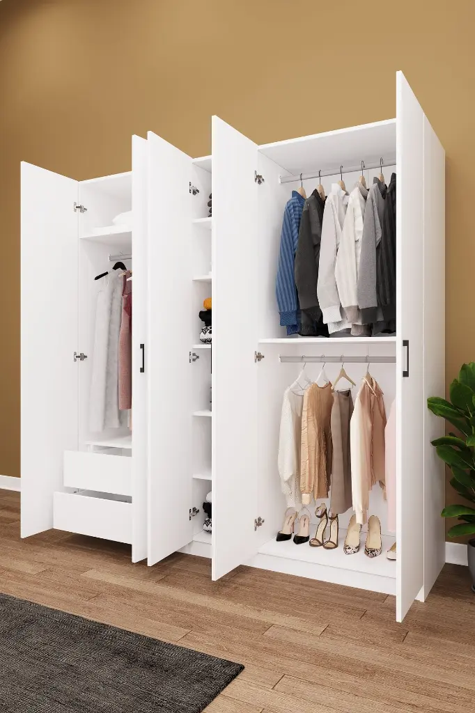 5 Kapaklı 2 Çekmeceli Aynalı Gardırop 200x208 cm MDFLAM Yatak Odası Gardırobu G-04