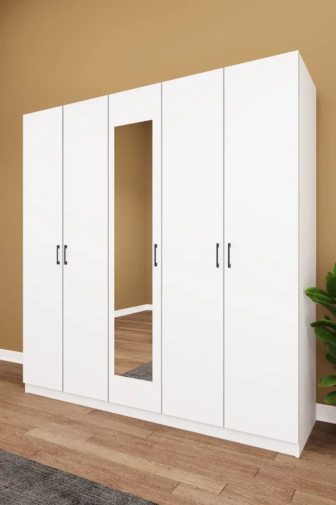 5 Kapaklı 2 Çekmeceli Aynalı Gardırop 200x208 cm MDFLAM Yatak Odası Gardırobu G-04