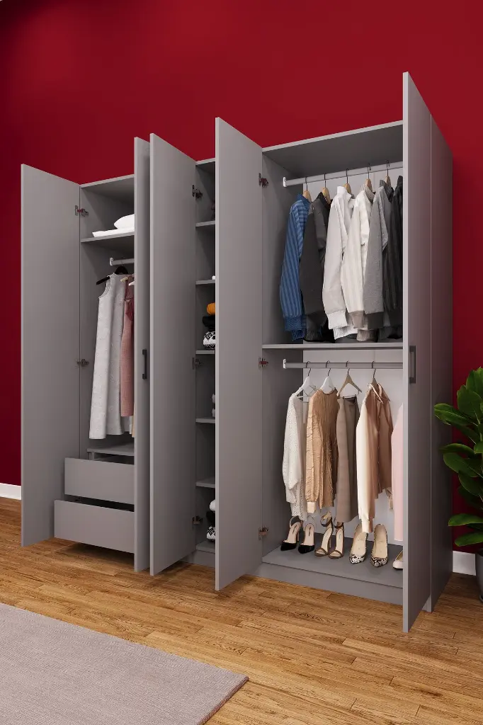 5 Kapaklı 2 Çekmeceli Aynalı Gardırop 200x208 cm MDF Yatak Odası Gardırobu G-04