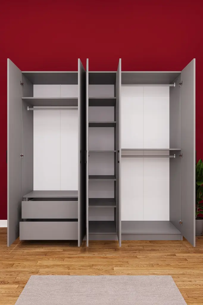 5 Kapaklı 2 Çekmeceli Aynalı Gardırop 200x208 cm MDF Yatak Odası Gardırobu G-04