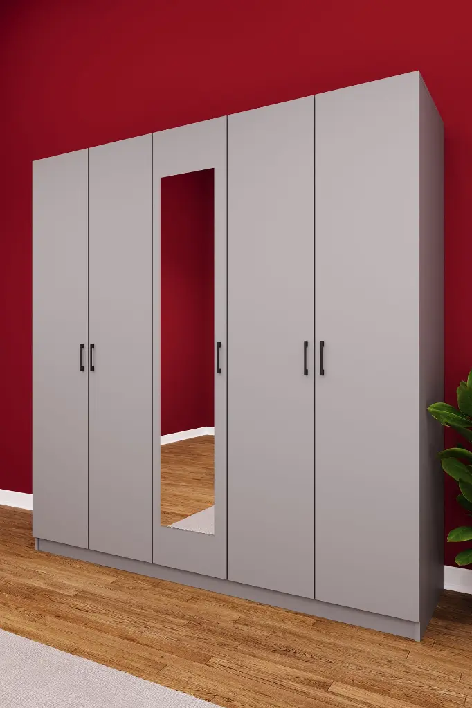 5 Kapaklı 2 Çekmeceli Aynalı Gardırop 200x208 cm MDF Yatak Odası Gardırobu G-04