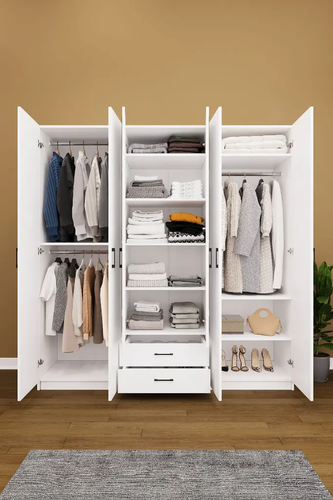 6 Kapaklı 2 Çekmeceli Aynalı Gardırop 240x208 cm Geniş MDFLAM Yatak Odası Gardırobu G05