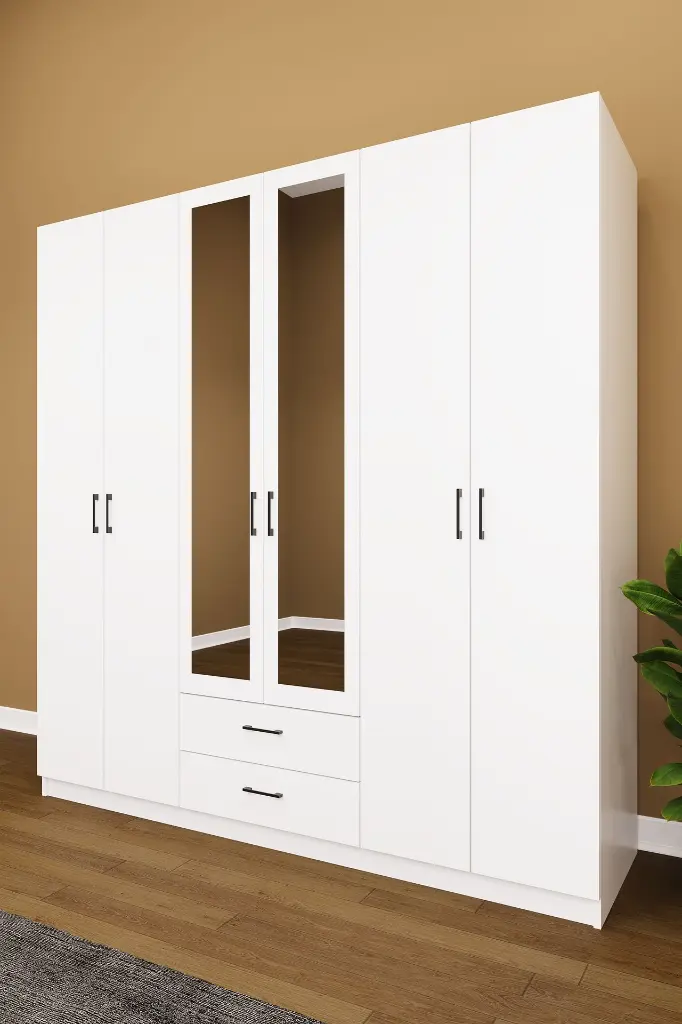 6 Kapaklı 2 Çekmeceli Aynalı Gardırop 240x208 cm Geniş MDFLAM Yatak Odası Gardırobu G05