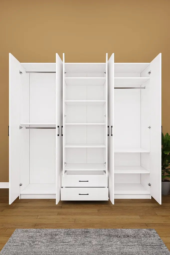 6 Kapaklı 2 Çekmeceli Aynalı Gardırop 240x208 cm Geniş MDFLAM Yatak Odası Gardırobu G05