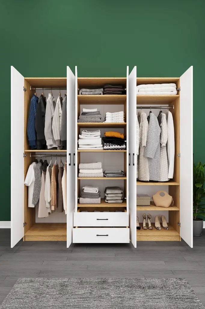 6 Kapaklı 2 Çekmeceli Aynalı Gardırop 240x208 cm Geniş MDF Yatak Odası Gardırobu G05