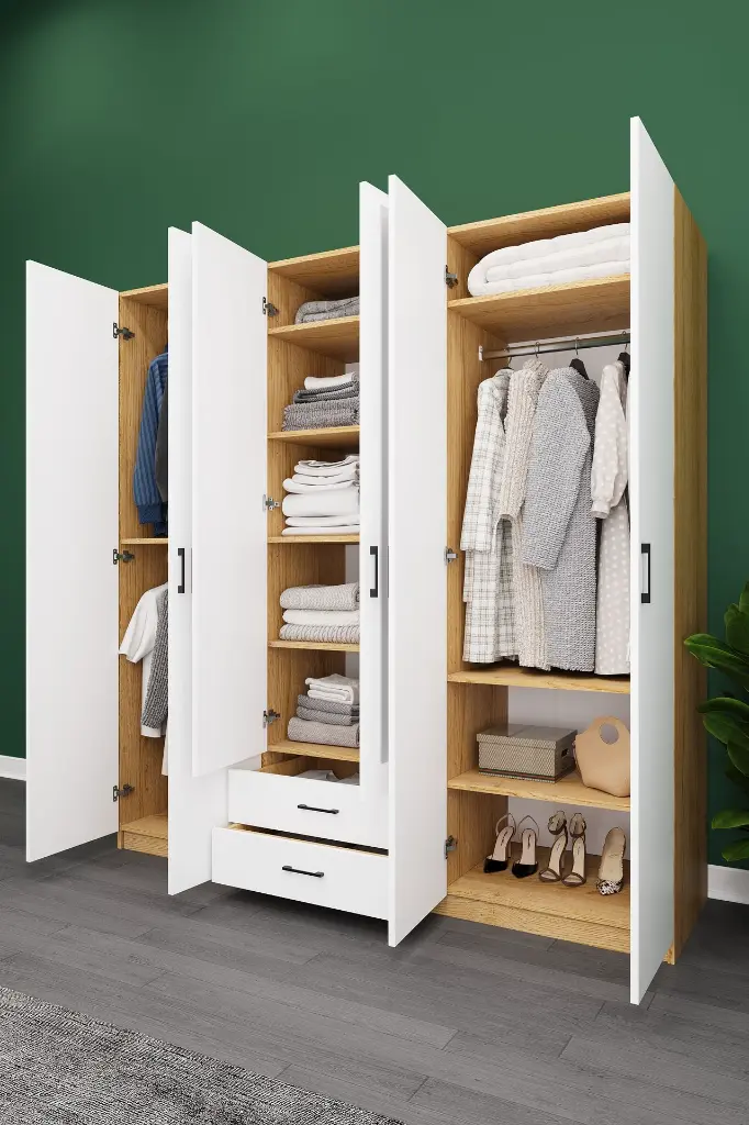 6 Kapaklı 2 Çekmeceli Aynalı Gardırop 240x208 cm Geniş MDF Yatak Odası Gardırobu G05