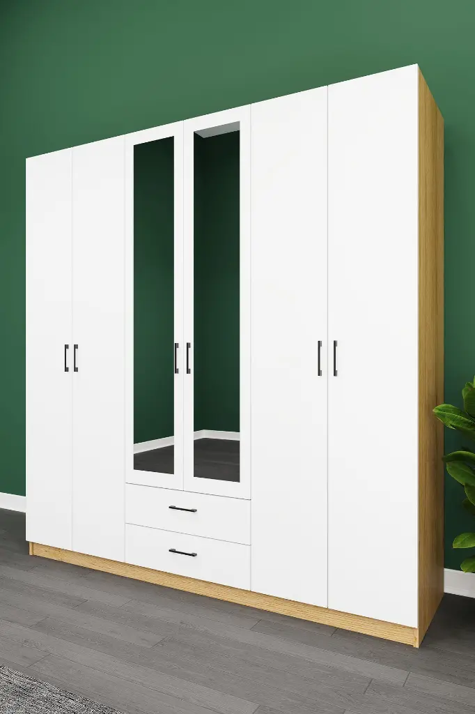 6 Kapaklı 2 Çekmeceli Aynalı Gardırop 240x208 cm Geniş MDF Yatak Odası Gardırobu G05