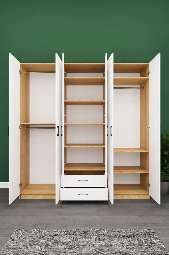 6 Kapaklı 2 Çekmeceli Aynalı Gardırop 240x208 cm Geniş MDF Yatak Odası Gardırobu G05