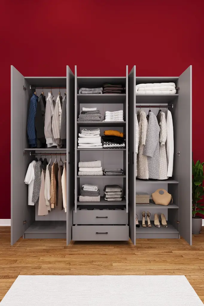 6 Kapaklı 2 Çekmeceli Aynalı Gardırop 240x208 cm Geniş MDF Yatak Odası Gardırobu G05