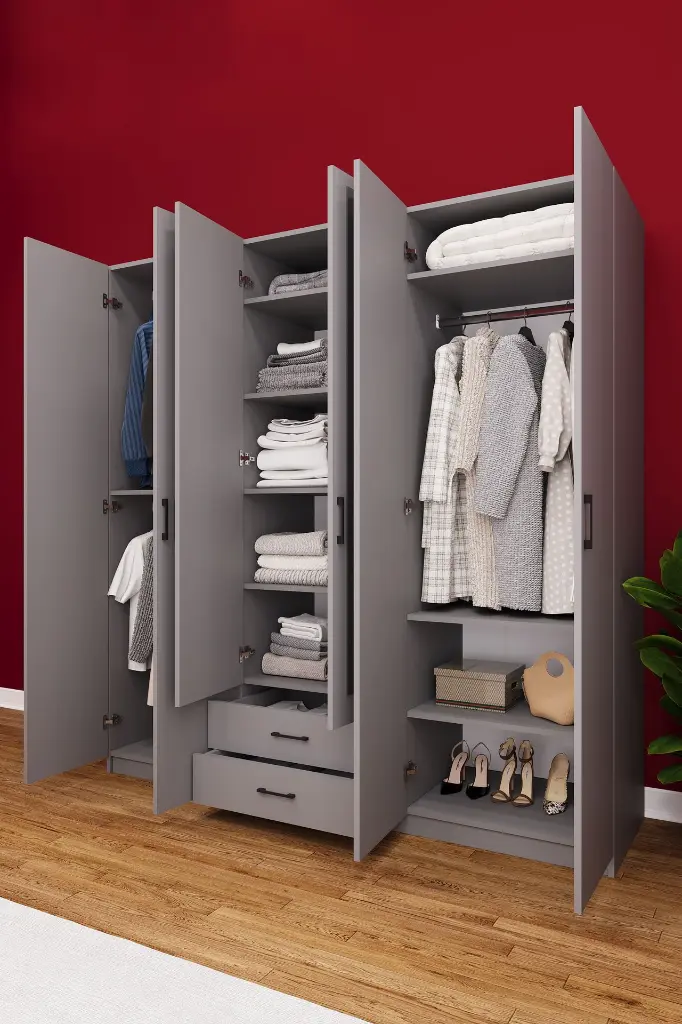 6 Kapaklı 2 Çekmeceli Aynalı Gardırop 240x208 cm Geniş MDF Yatak Odası Gardırobu G05