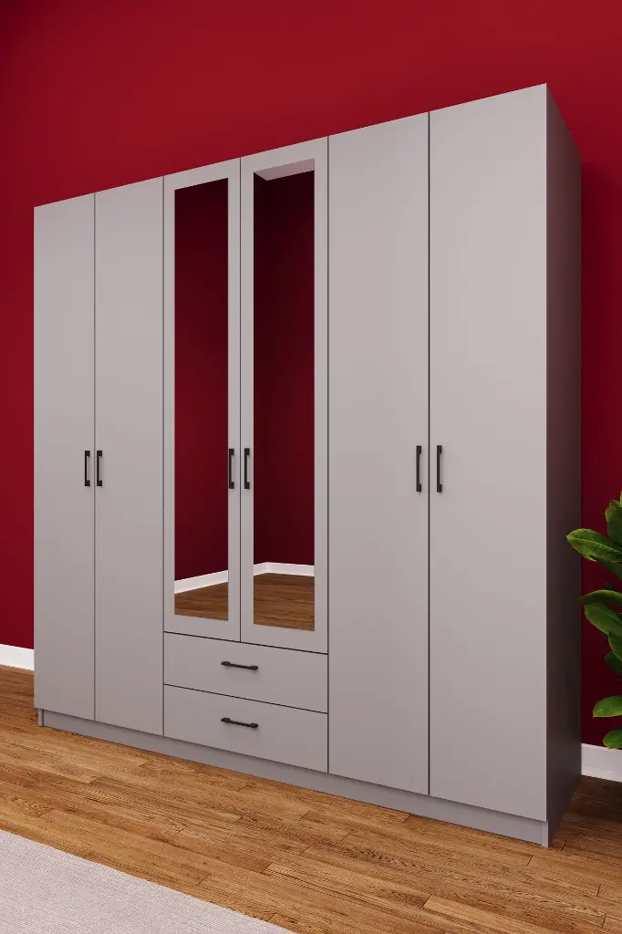 6 Kapaklı 2 Çekmeceli Aynalı Gardırop 240x208 cm Geniş MDF Yatak Odası Gardırobu G05