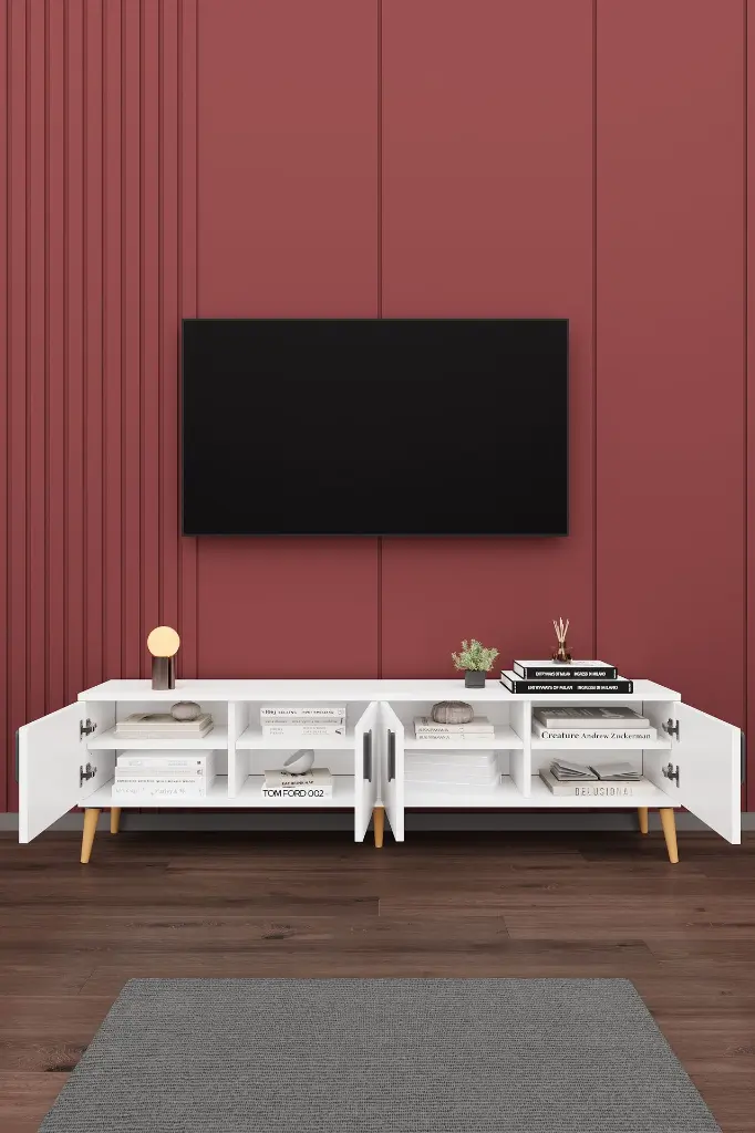 Beyaz TV Ünitesi 160 cm Kapaklı Raflı MDFLAM - T-01 