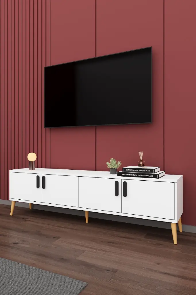 Beyaz TV Ünitesi 160 cm Kapaklı Raflı MDFLAM - T-01 
