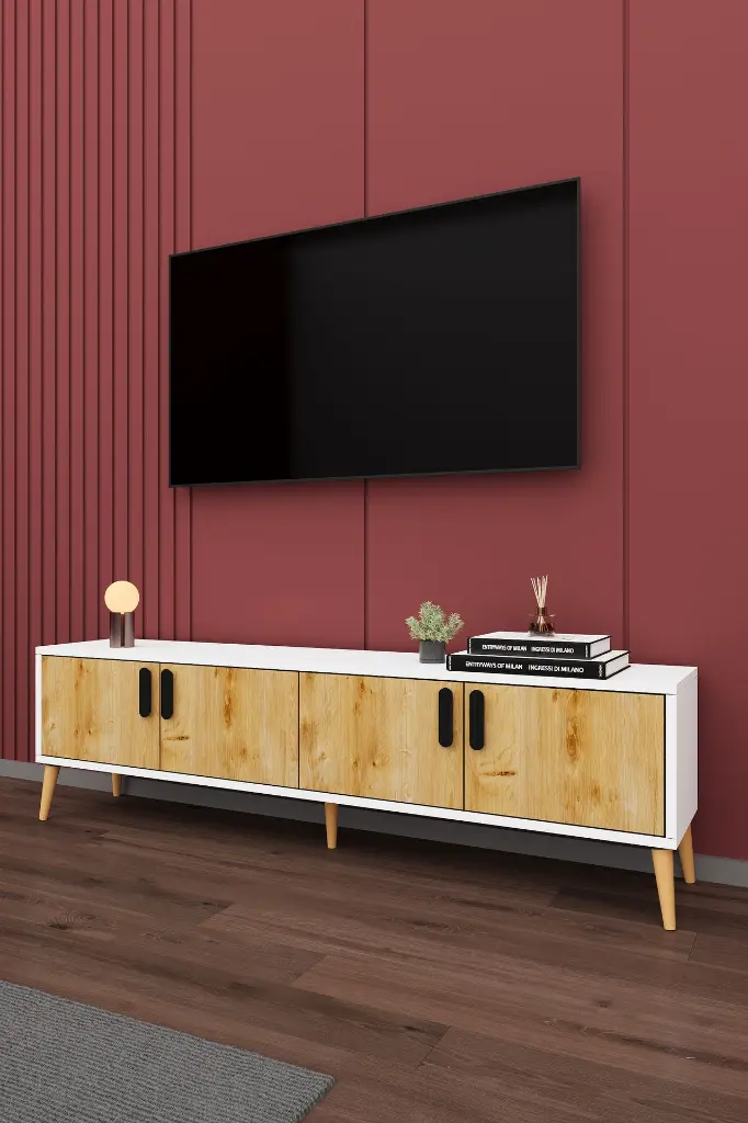 Safir Meşe & Beyaz TV Ünitesi 160 cm Kapaklı Raflı - T-02