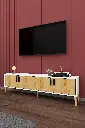 Safir Meşe beyaz TV ünitesi, dört kapaklı cephesi ve siyah oval kulplarıyla bordo duvar önünde genel görünümde sergileniyor.