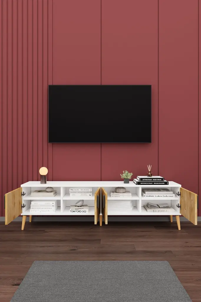 Safir Meşe & Beyaz TV Ünitesi 160 cm, yan kapakları açık, iç raflarda kitaplar, ahşap ayaklı önden görünüm.
