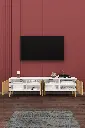 Safir Meşe & Beyaz TV Ünitesi 160 cm, yan kapakları açık, iç raflarda kitaplar, ahşap ayaklı önden görünüm.