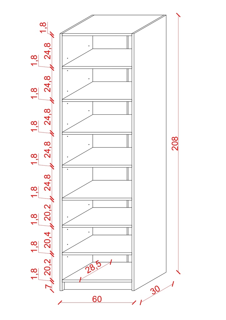 K-08 dar kitaplık ölçü şeması: 208 cm yükseklik, 60 cm genişlik, 30 cm derinlik; üst raflar 24,8 cm iç yükseklikte.