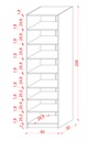 K-08 dar kitaplık ölçü şeması: 208 cm yükseklik, 60 cm genişlik, 30 cm derinlik; üst raflar 24,8 cm iç yükseklikte.