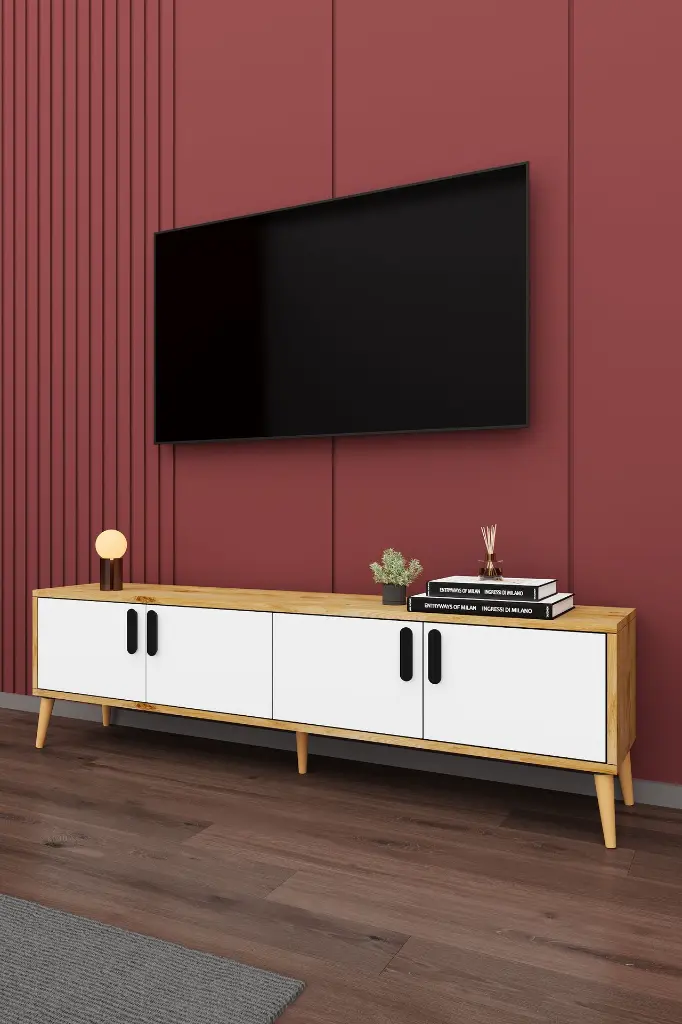 Beyaz & Petra TV Ünitesi 160 cm Kapaklı Raflı - T-03