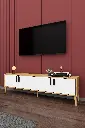 Beyaz & Petra TV Ünitesi 160 cm, bordo çıtalı duvar önünde ahşap zeminde yandan; üzerinde kitaplar ve saksı bitkisiyle.
