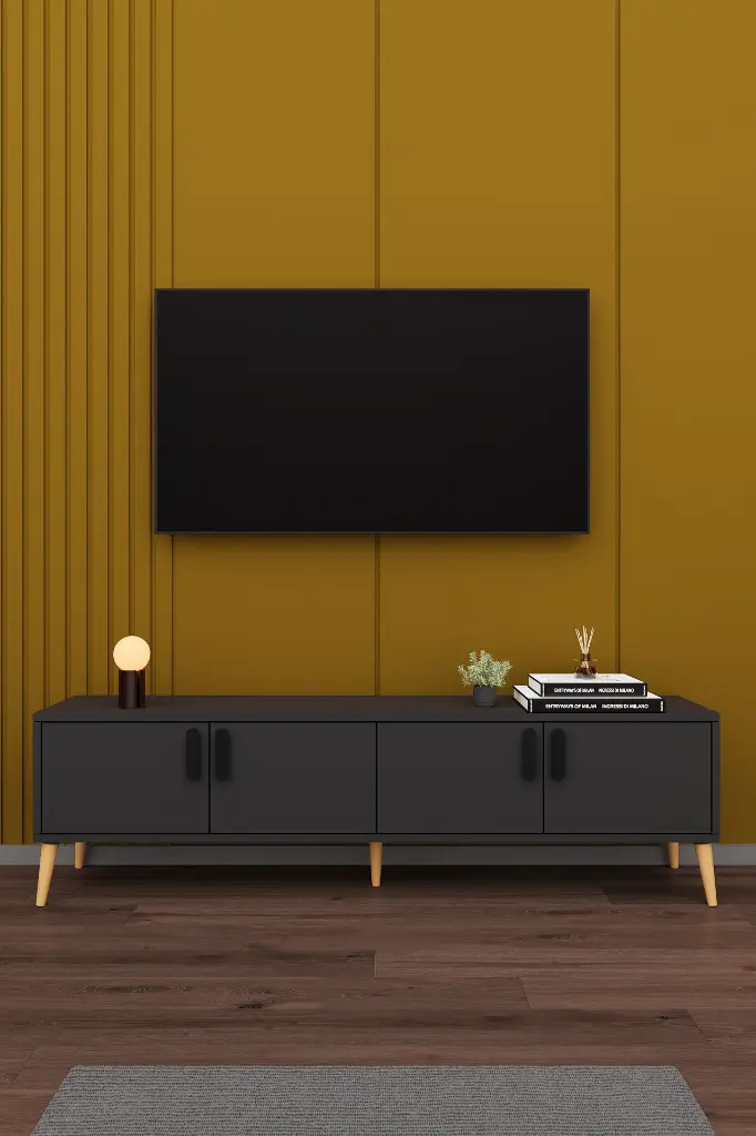 Koyu Gri TV Ünitesi 160 cm Kapaklı Raflı MDFLAM - T04