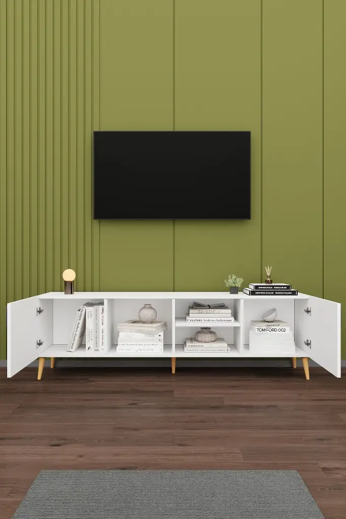Beyaz TV Ünitesi 180 cm Açık Raflı ve Kapaklı Dolaplı T-09