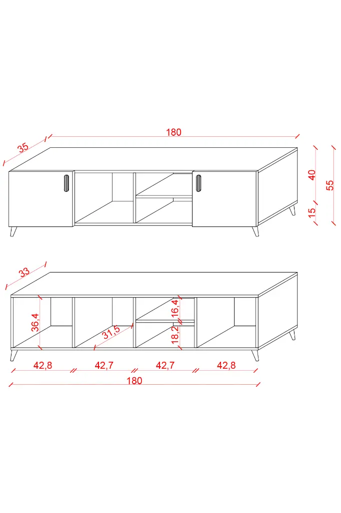 T-12 ölçü şeması: 180 cm genişlik, 35 cm derinlik, 55 cm yükseklik; iç bölmeler 42,8 cm ve raf yükseklikleri 16,4 cm.