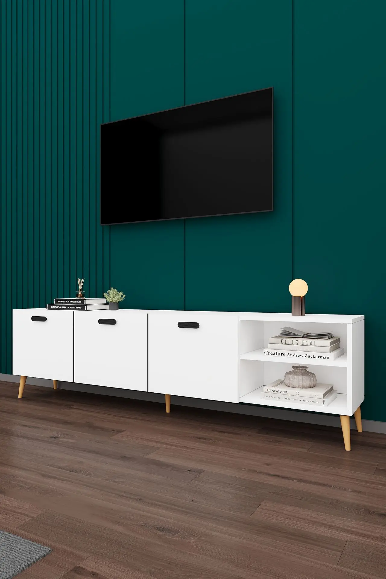 Beyaz TV ünitesi 200 cm önden görünüm: üç kapaklı gövde, sağda iki katlı açık raf ve açılı ahşap ayaklar üzerinde.