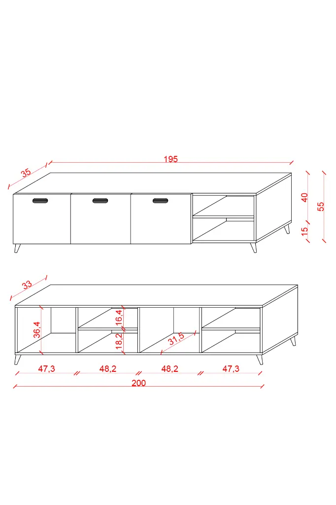 Ölçü şeması: üst görünümde 195 cm genişlik, 35 cm derinlik, 55 cm yükseklik; altta 200 cm genişlik ve iç bölme ölçüleri.
