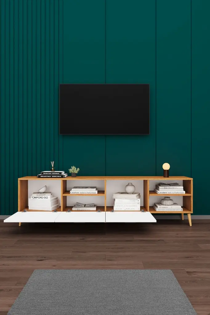Petra & Beyaz TV Ünitesi T-20 200 cm Kapaklı Açık Raflı Ahşap Ayaklı Modern Model 