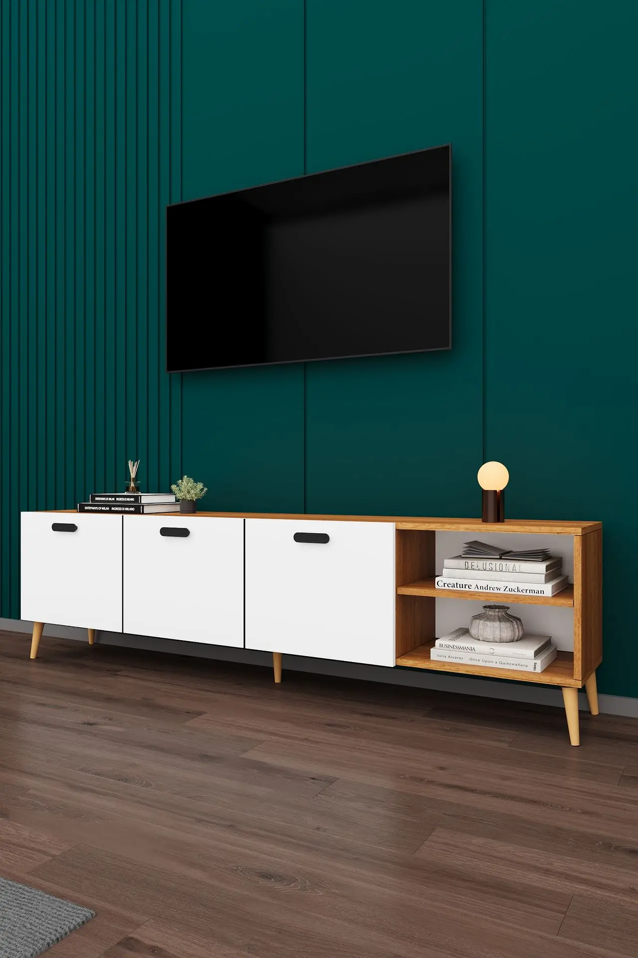 Petra & Beyaz TV Ünitesi T-20 200 cm Kapaklı Açık Raflı Ahşap Ayaklı Modern Model 