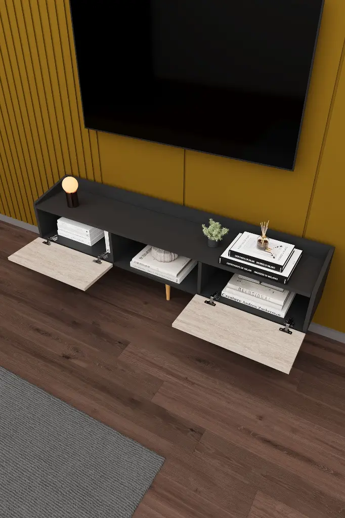 Modern TV Ünitesi 160 cm Kapaklı Raflı MDF TV Sehpası T-28 