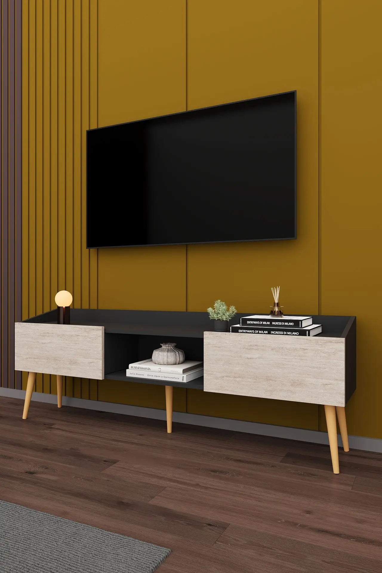 Modern TV Ünitesi 160 cm Kapaklı Raflı MDF TV Sehpası T-28 