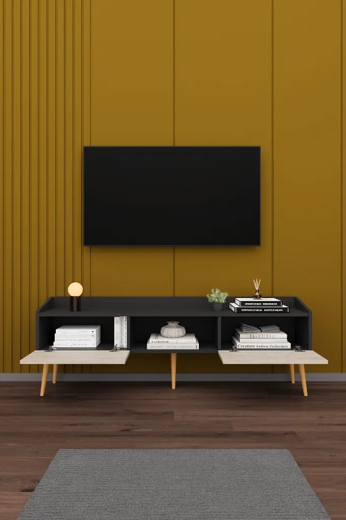 Modern TV Ünitesi 160 cm Kapaklı Raflı MDF TV Sehpası T-28 