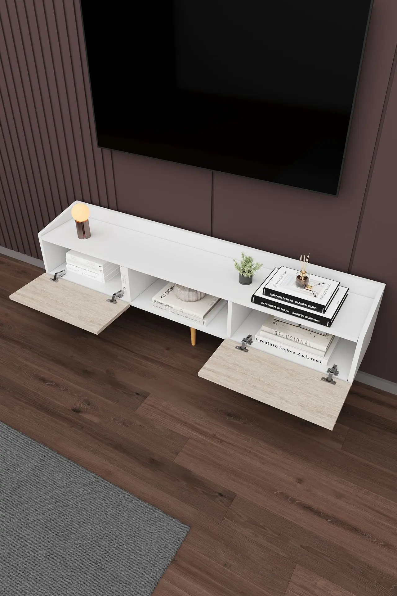 Modern TV Ünitesi 160 cm Kapaklı Raflı MDF TV Sehpası T-28 