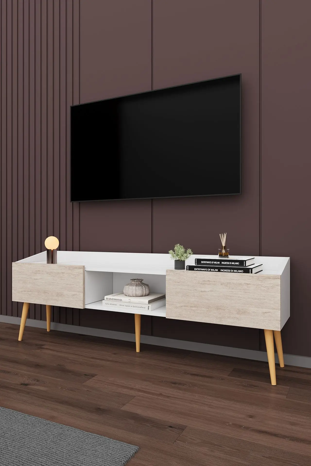Modern TV Ünitesi 160 cm Kapaklı Raflı MDF TV Sehpası T-28 