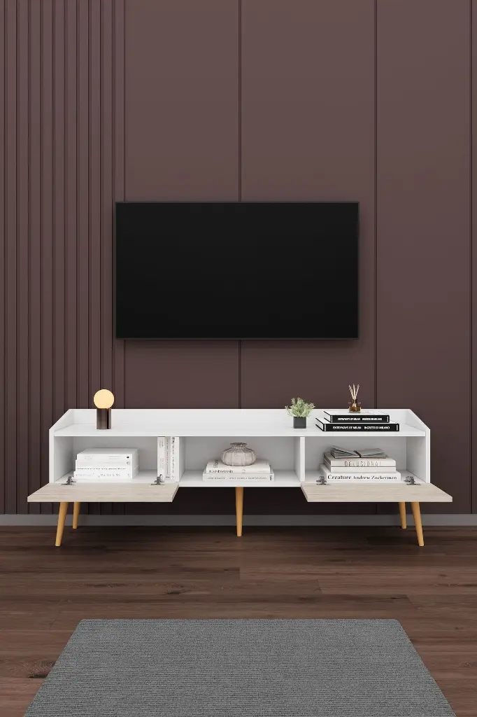 Modern TV Ünitesi 160 cm Kapaklı Raflı MDF TV Sehpası T-28 