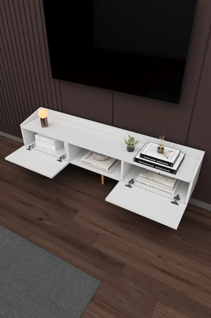 T-28 Modern TV Ünitesi 160 cm Kapaklı Raflı MDFLAM TV Sehpası 