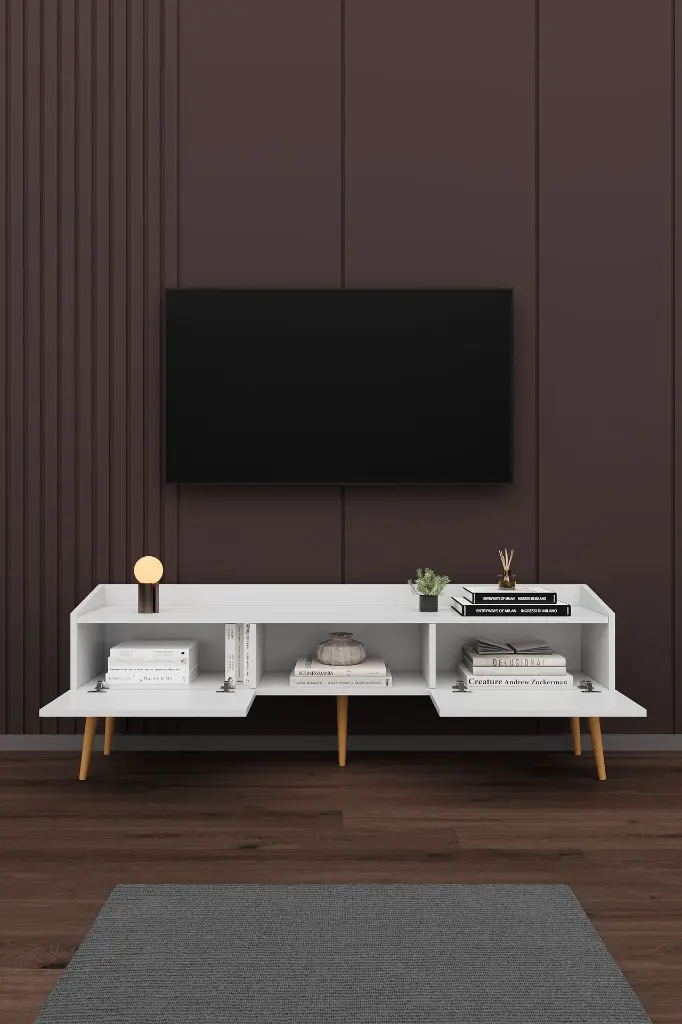 T-28 Modern TV Ünitesi 160 cm Kapaklı Raflı MDFLAM TV Sehpası 