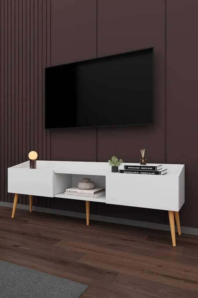 T-28 Modern TV Ünitesi 160 cm Kapaklı Raflı MDFLAM TV Sehpası 